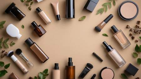 A stunning flat lay of various beauty and skincare products arranged artfully on a softly colored background, accompanied by green leaves for a fresh touch.の素材