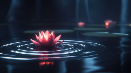 A tranquil pond scene featuring a beautiful water lily surrounded by still water, reflecting soft light and creating a serene atmosphere perfect for relaxation.の素材