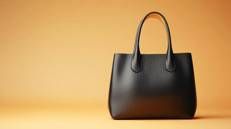This image features a chic black handbag against a warm orange background. The minimalist design highlights the handbag's elegant structure, making it an ideal choice for fashion and accessory promotions.の素材
