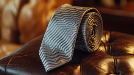 A sophisticated gray tie elegantly rolled and resting on a plush leather surface, showcasing a refined detail perfect for enhancing men's fashion and style.の素材