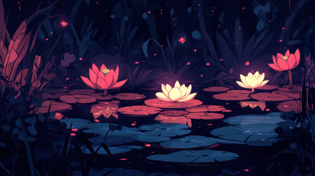 A serene nighttime scene featuring beautiful water lilies blooming in a tranquil pond, illuminated softly by reflected moonlight, creating a peaceful atmosphere.の素材