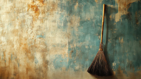 A vintage broom leans against a beautifully textured wall, featuring peeling paint in hues of blue and brown. This serene composition evokes a sense of rustic charm.の素材