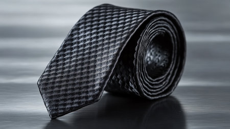 This image features an elegant black tie with a geometric pattern, rolled gracefully on a smooth metallic surface, embodying sophistication and style.の素材