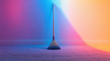 A striking image capturing a broom leaning against the wall in a well-lit indoor space. The vibrant color gradient creates an inviting atmosphere, emphasizing simplicity and cleanliness.の素材