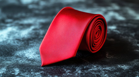 This image features a rolled elegant red tie set against a dark textured background, perfect for showcasing formal wear accessories in a stylish context.の素材