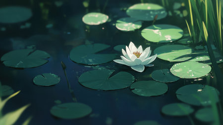 A beautiful water lily blooms gracefully on the surface of a tranquil pond, surrounded by lush green leaves reflecting the serenity of nature.の素材