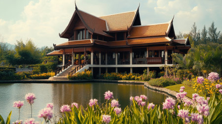 A stunning traditional Thai pavilion set in a vibrant garden features lush flora and a calm water reflection. This picturesque scene captures the essence of cultural heritage and serene outdoor beauty. Perfect for nature lovers and architecture enthusiasts.の素材