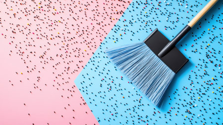 A vibrant sweeping brush lies against a pastel pink and blue background, surrounded by scattered colorful confetti. This playful imagery captures the essence of celebration and cleaning, making it perfect for creative projects and festive themes.の素材