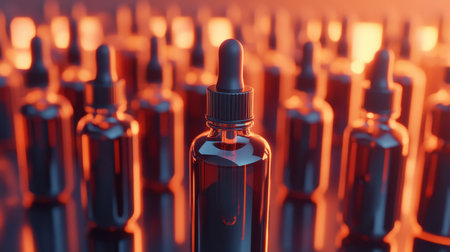 An artistic arrangement of dark glass bottles with droppers illuminated by soft orange lighting creates a warm and inviting atmosphere. The glossy surface reflects the beauty of each bottle, emphasizing their aesthetic appeal for various uses.の素材