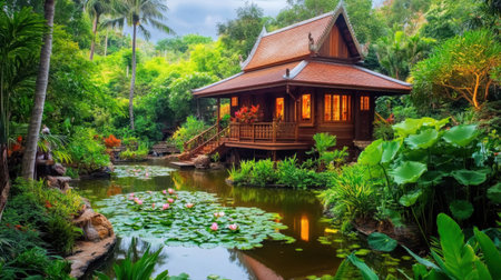 A picturesque wooden house set in a vibrant tropical garden, surrounded by lush foliage and serene water featuring blooming lotus flowers, showcasing an idyllic nature retreat.の素材