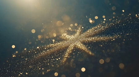 A stunning visual of a golden star shape formed by shimmering dust against a blurred blue background, perfect for festive events and artistic projects.の素材