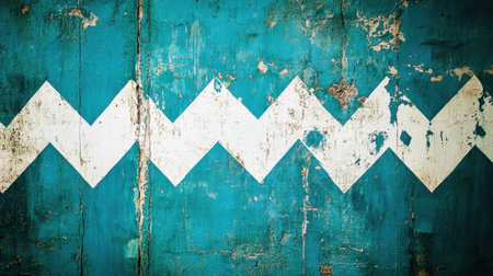 This image features a textured turquoise wall adorned with a bold white zigzag pattern. The rustic finish highlights the imperfections and character, perfect for artistic projects.の素材