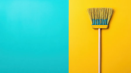 A vibrant broom set against a striking yellow and blue background, perfect for showcasing home cleaning themes, modern designs, and minimalist styles.の素材