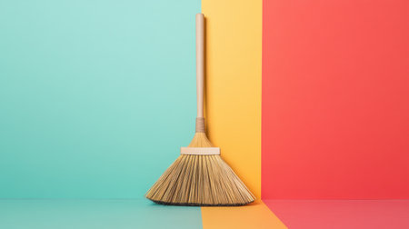 This image features a traditional broom resting against a vibrant and colorful backdrop, creating a minimalist and modern aesthetic for cleaning themes.の素材