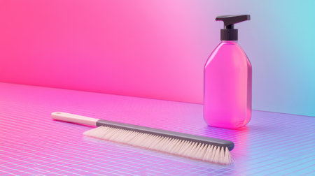 A vibrant composition features a pink plastic bottle and a soft cleaning brush, set against a colorful gradient background, ideal for home maintenance themes.の素材