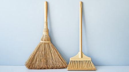 This image showcases two distinct types of brooms, one traditional and one modern, highlighting their unique designs and purposes in cleaning environments.の素材