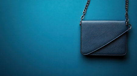 A sophisticated black leather handbag rests elegantly on a vibrant blue background. This image captures the essence of modern fashion and accessory design, ideal for promotional use.の素材