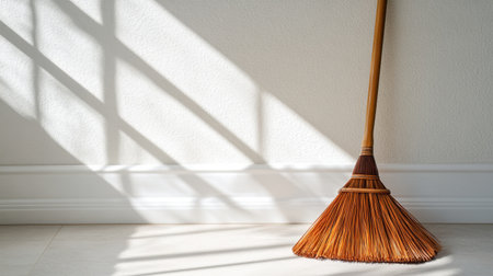 A wooden broom leans against a bright wall, casting intricate shadows on a clean floor. The sunlight creates a warm and inviting atmosphere, emphasizing simplicity.の素材