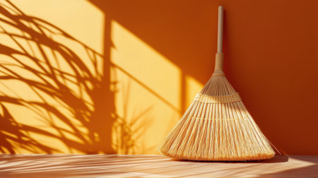 A minimalist broom leans against a bright orange wall, creating a serene atmosphere with soft shadows of plants, perfect for home decor inspiration.の素材
