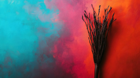 This artistic image features a broom against a vibrant gradient background of blue and orange, perfect for creative projects, themed designs, and more.の素材
