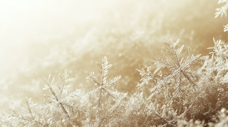 A captivating view showcasing delicate frost-covered snowflakes glimmering in warm natural light, creating a serene and enchanting winter landscape.の素材