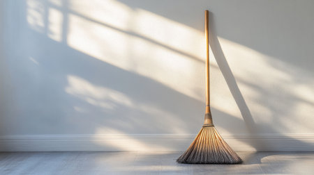 A classic broom stands against a wall, casting gentle shadows on a bright, clean floor. The morning light creates a peaceful atmosphere, enhancing indoor tranquility.の素材