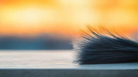 This image captures a close-up view of soft black fur against a beautifully blurred sunset backdrop. The warm colors create a cozy atmosphere, emphasizing tranquility.の素材
