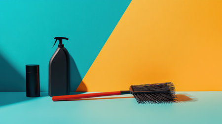 This image features essential cleaning supplies arranged on a brightly colored background, showcasing a brush, spray bottle, and container for effective cleaning tasks.の素材