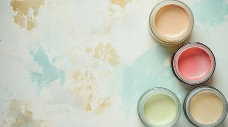 Discover four jars of creamy paint in serene hues arranged on a textured surface, perfect for artistic projects, decor inspiration, and creative expression.の素材