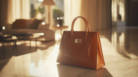 A stunning brown leather handbag sits gracefully on a marble surface, illuminated by soft ambient light in a contemporary room, showcasing luxurious design.の素材