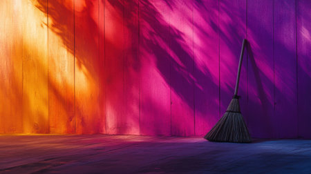 This striking image features a colorful wall with vibrant hues and dynamic shadows, complemented by a broom in a modern indoor setting, evoking creativity.の素材