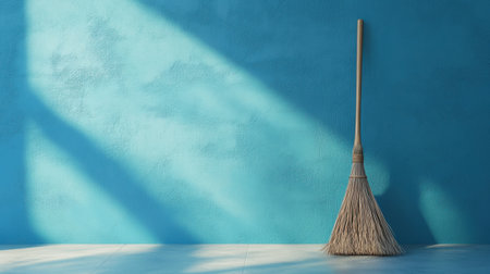 A rustic broom rests against a bright blue wall, casting soft shadows on the floor. The minimalist setting evokes a sense of cleanliness and tranquility.の素材