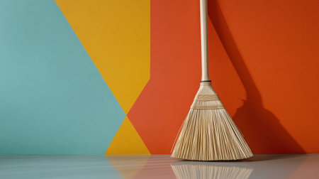 This image showcases a broom placed against a vibrant geometric wall, combining various bright colors, highlighting cleanliness and a modern aesthetic.の素材