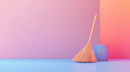 A modern cleaning scene featuring a broom and a colorful cup against a vibrant pastel background. Ideal for themes of cleanliness and home maintenance.の素材