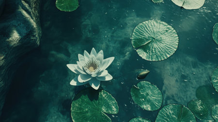 A tranquil scene featuring a beautiful white water lily blooming peacefully on a calm pond, surrounded by lush green lily pads, reflecting the essence of nature.の素材