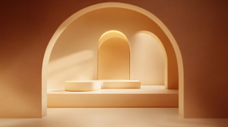 This image showcases a minimalistic interior space characterized by soft arches and elegant curves in soothing beige tones, ideal for creative presentations.の素材