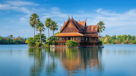 Experience the charm of a wooden house situated on an island, surrounded by a tranquil lake and lush greenery, offering a serene escape into nature.の素材