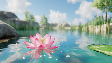 A beautiful pink lotus flower floats gracefully on a calm lake, surrounded by lush greenery under a bright blue sky, offering a serene and tranquil scene.の素材