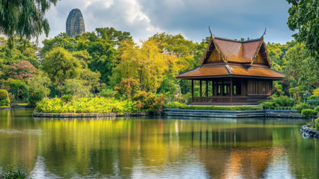 This picturesque scene captures a traditional Thai pavilion by a tranquil pond, surrounded by lush greenery and vibrant trees, inviting relaxation and peace.の素材