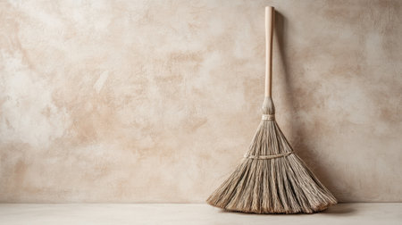 A simple natural broom stands against a textured wall, symbolizing cleanliness and organization in a minimalist home setting. Ideal for showcasing practical tools.の素材