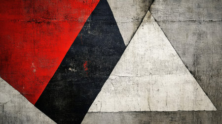 This captivating abstract geometric artwork features red, black, and white shapes arranged on a textured gray wall, creating a striking contrast and depth.の素材