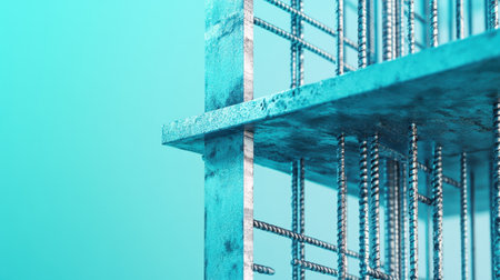 Close-up view of a steel rebar framework highlighting modern construction techniques with a turquoise background that emphasizes the textures and details.の素材