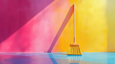 This vibrant image features a cleaning broom against a bright pink and yellow background, capturing a playful and modern aesthetic for home cleaning themes.の素材