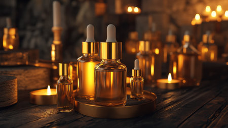 Discover an enchanting display of amber glass bottles with droppers, elegantly placed among flickering candles, creating a warm and inviting atmosphere.の素材