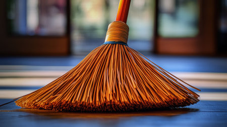 This close-up image showcases a traditional broom resting on a wooden floor, illuminated by warm lighting that creates soft shadows. The vibrant details and texture highlight the craftsmanship of this essential cleaning tool, bringing a sense of warmth and simplicity to the contemporary interior space.の素材