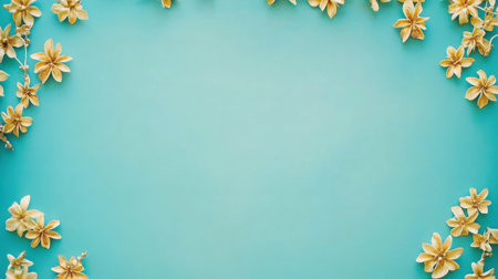 A vibrant arrangement of yellow flowers creates an elegant border against a soft blue background, perfect for decoration or creative projects.の素材