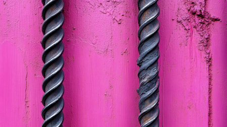 This image showcases a close-up of twisted metal rods set against a bright pink wall, highlighting texture and color contrast. Ideal for industrial and artistic themes.の素材