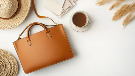 A stylish brown leather handbag alongside a cup of coffee and a straw hat creates a serene, minimalist flat lay perfect for lifestyle imagery.の素材