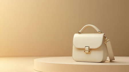 This elegant cream handbag features a chic design on a subtle beige background, showcasing its stylish aesthetic perfect for fashion displays.の素材