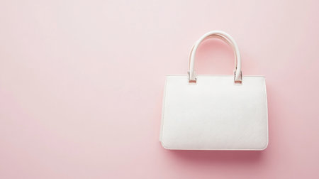 This elegant white handbag is showcased against a soft pink background, perfect for fashion marketing or promotional materials. Ideal for lifestyle and retail themes.の素材